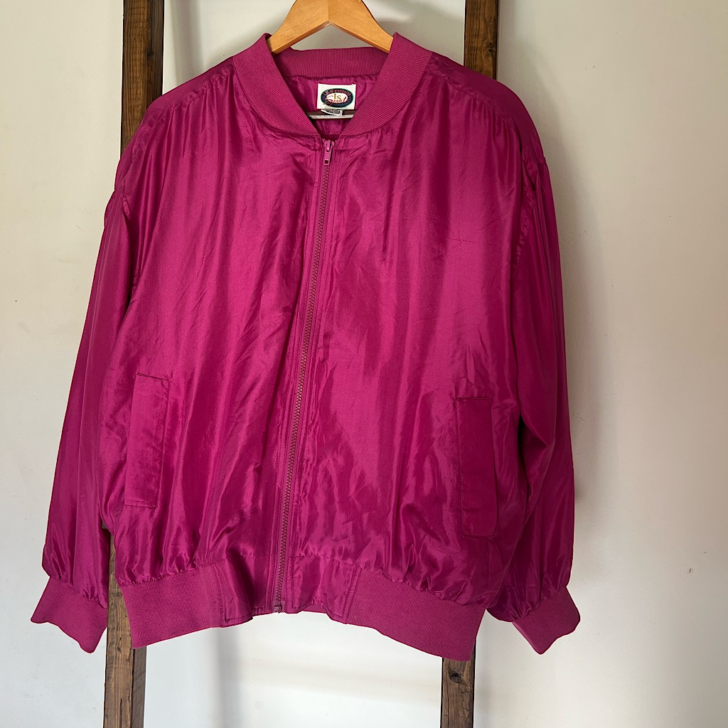 Vintage Le Studio Silk Pink Windbreaker Track Jacket Ribbed Waist Womens Medium